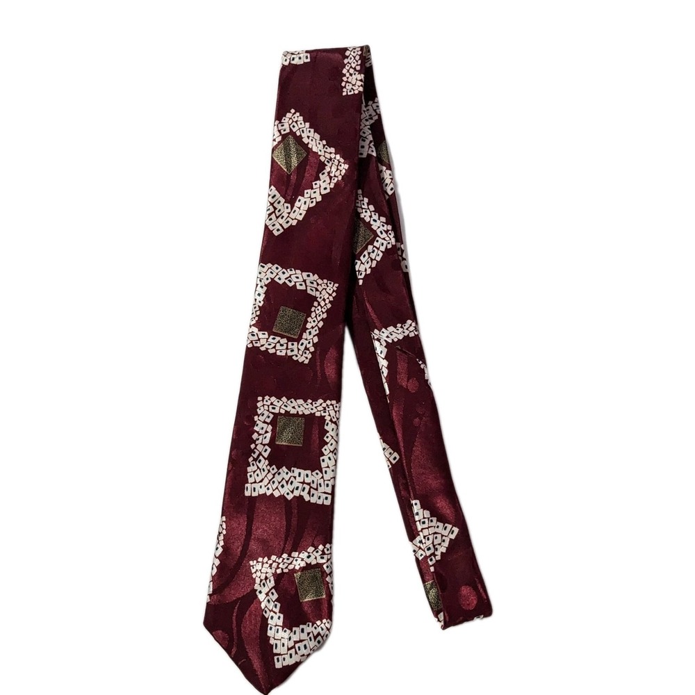 Vintage BUGLE BOY Men's Tie Burgundy Geometric Slim‎ Width Thin Polyester USA